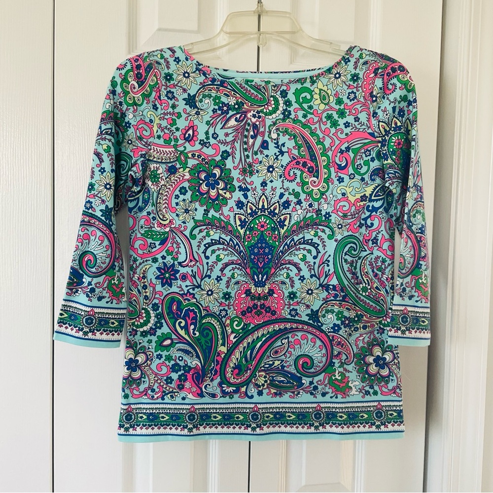 Talbots PIMA BATEAU NECK Tee Sprouting Paisley Multicolored 3/4 Sleeve Petite P